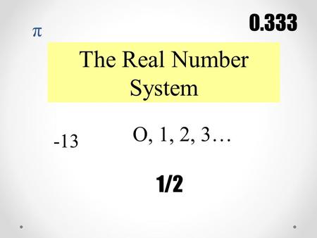 The Real Number System -13 O, 1, 2, 3… 1/2 0.333 π.