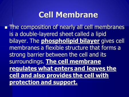 Cell Membrane The composition of nearly all cell membranes is a double-layered sheet called a lipid bilayer. The phospholipid bilayer gives cell membranes.