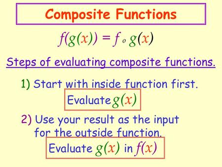 Composite Functions f(g(x)) = f o g(x) 1) Start with inside function first. Steps of evaluating composite functions. Evaluate g(x) 2) Use your result.
