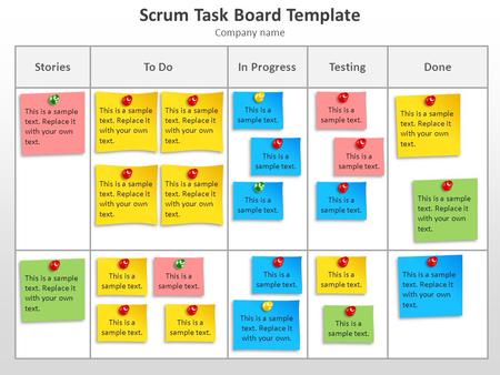 Scrum Task Board Template Company name Stories To Do In Progress TestingDone This is a sample text. Replace it with your own text. This is a sample text.