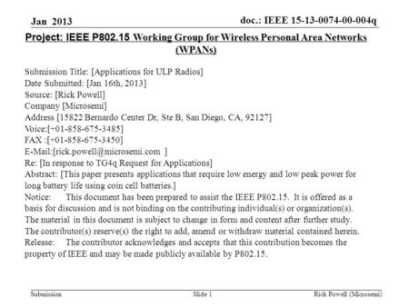 Doc.: IEEE 15-13-0074-00-004q Submission Slide 1 Project: IEEE P802.15 Working Group for Wireless Personal Area Networks (WPANs) Submission Title: [Applications.