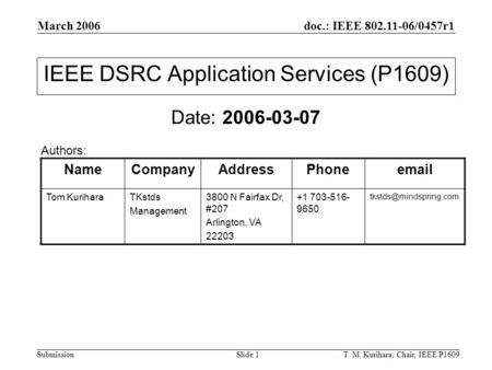 March 2006 T. M. Kurihara, Chair, IEEE P1609Slide 1 doc.: IEEE 802.11-06/0457r1 Submission IEEE DSRC Application Services (P1609) Date: 2006-03-07 NameCompanyAddressPhoneemail.