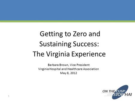 Getting to Zero and Sustaining Success: The Virginia Experience Barbara Brown, Vice President Virginia Hospital and Healthcare Association May 8, 2012.