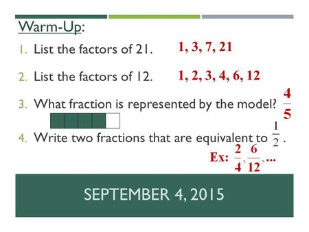 1. List the factors of 21. 2. List the factors of 12. 3. What fraction is represented by the model? 4. Write two fractions that are equivalent to. SEPTEMBER.