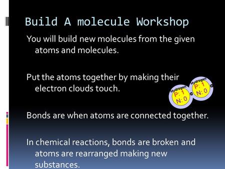 Build A molecule Workshop You will build new molecules from the given atoms and molecules. Put the atoms together by making their electron clouds touch.