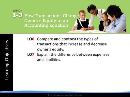 Learning Objectives © 2014 Cengage Learning. All Rights Reserved. LO6Compare and contrast the types of transactions that increase and decrease owner’s.