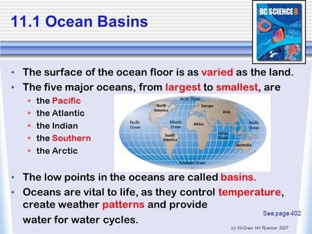 11.1 Ocean Basins The surface of the ocean floor is as varied as the land. The five major oceans, from largest to smallest, are the Pacific the Atlantic.
