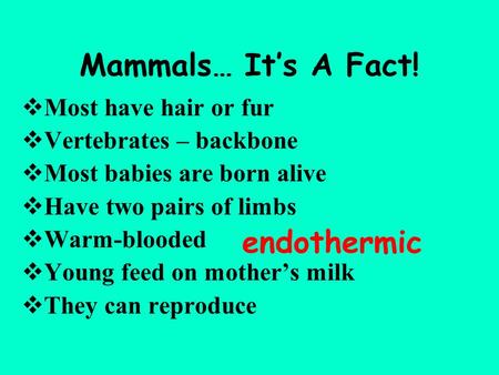 Mammals… It’s A Fact!  Most have hair or fur  Vertebrates – backbone  Most babies are born alive  Have two pairs of limbs  Warm-blooded  Young feed.