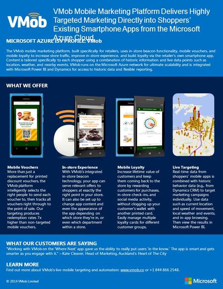 VMob Mobile Marketing Platform Delivers Highly Targeted Marketing Directly into Shoppers’ Existing Smartphone Apps from the Microsoft Azure Cloud MICROSOFT.