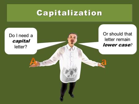CapitalizationCapitalization Do I need a capital letter? Do I need a capital letter? Or should that letter remain lower case ? Or should that letter remain.