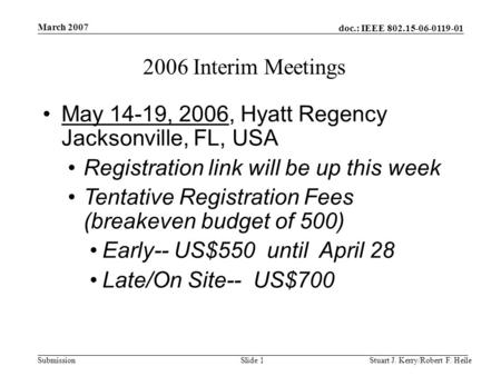 Doc.: IEEE 802.15-06-0119-01 Submission March 2007 Stuart J. Kerry/Robert F. HeileSlide 1 2006 Interim Meetings May 14-19, 2006, Hyatt Regency Jacksonville,