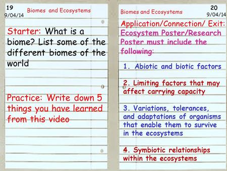 19 20 9/04/14 Biomes and Ecosystems 9/04/14 Starter: What is a biome? List some of the different biomes of the world Practice: Write down 5 things you.