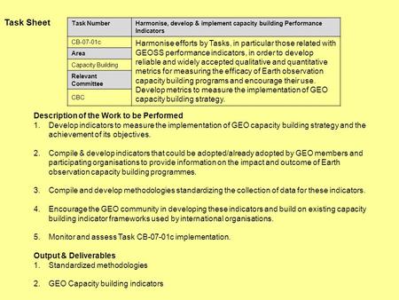 Task NumberHarmonise, develop & implement capacity building Performance Indicators CB-07-01c Harmonise efforts by Tasks, in particular those related with.