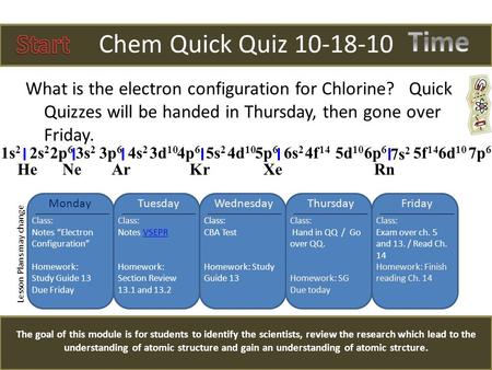 Chem Quick Quiz 10-18-10 The goal of this module is for students to identify the scientists, review the research which lead to the understanding of atomic.