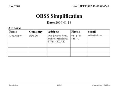 Doc.: IEEE 802.11-09/0045r0 Submission Jan 2009 Alex Ashley, NDS LtdSlide 1 OBSS Simplification Date: 2009-01-18 Authors: