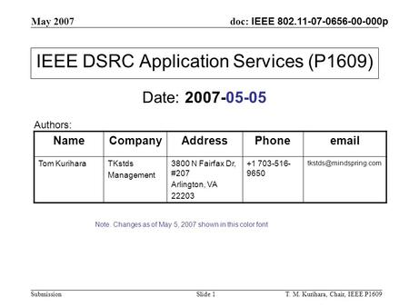May 2007 T. M. Kurihara, Chair, IEEE P1609Slide 1 doc: IEEE 802.11-07-0656-00-000p Submission IEEE DSRC Application Services (P1609) Date: 2007-05-05 NameCompanyAddressPhoneemail.