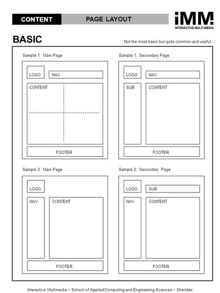 Interactive Multimedia ~ School of Applied Computing and Engineering Sciences ~ Sheridan PAGE LAYOUT CONTENT Basic BASIC Not the most basic but quite common.