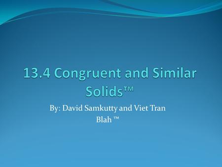 By: David Samkutty and Viet Tran Blah ™. Objectives Identify Congruent or Similar Solids State the properties of similar solids.