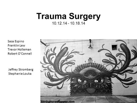Sasa Espino Franklin Lew Trevor Holleman Robert O’Connell Trauma Surgery 10.12.14 - 10.18.14 Jeffrey Stromberg Stephanie Louka.