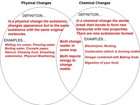 Physical Changes Chemical Changes DEFINITION… EXAMPLES… In a physical change the substance changes appearance but is the same substance with the same original.