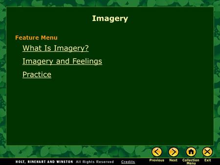What Is Imagery? Imagery and Feelings Practice Imagery Feature Menu.