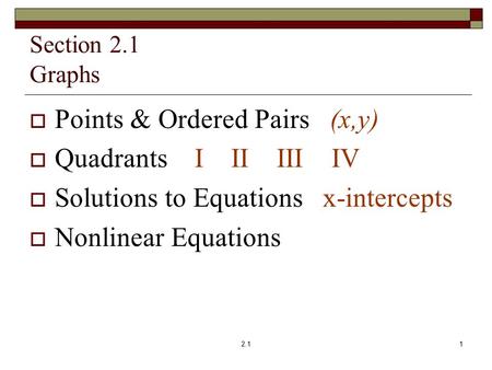 Section 2.1 Graphs  Points & Ordered Pairs (x,y)  Quadrants I II III IV  Solutions to Equations x-intercepts  Nonlinear Equations 12.1.