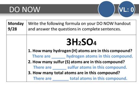 Monday 9/28 Write the following formula on your DO NOW handout and answer the questions in complete sentences. 3H 2 SO 4 1. How many hydrogen (H) atoms.
