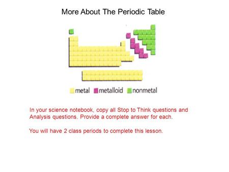 More About The Periodic Table In your science notebook, copy all Stop to Think questions and Analysis questions. Provide a complete answer for each. You.