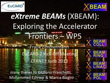 EXtreme BEAMs (XBEAM): Exploring the Accelerator Frontiers – WP5 Frank Zimmermann EuCARD-2 Kick-Off Meeting CERN13 June 2013 many thanks to Giuliano Franchetti,