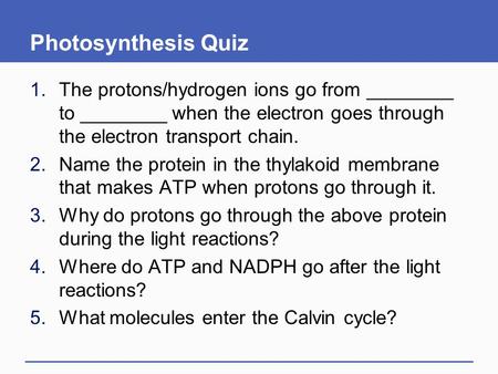 Photosynthesis Quiz 1.The protons/hydrogen ions go from ________ to ________ when the electron goes through the electron transport chain. 2.Name the protein.