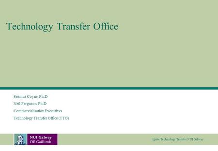 Ignite Technology Transfer NUI Galway Technology Transfer Office Seamus Coyne, Ph.D Neil Ferguson, Ph.D Commercialisation Executives Technology Transfer.