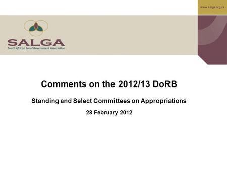 Www.salga.org.za Comments on the 2012/13 DoRB Standing and Select Committees on Appropriations 28 February 2012.