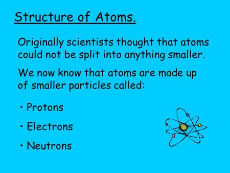 Structure of Atoms. Originally scientists thought that atoms could not be split into anything smaller. We now know that atoms are made up of smaller particles.