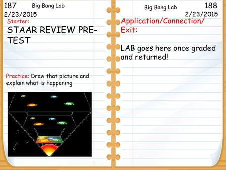 Starter: STAAR REVIEW PRE- TEST 2/23/2015 187188 Big Bang Lab 2/23/2015 Application/Connection/ Exit: LAB goes here once graded and returned! Big Bang.