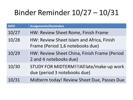Binder Reminder 10/27 – 10/31 DATEAssignments/Reminders 10/27HW: Review Sheet Rome, Finish Frame 10/28HW: Review Sheet Islam and Africa, Finish Frame (Period.