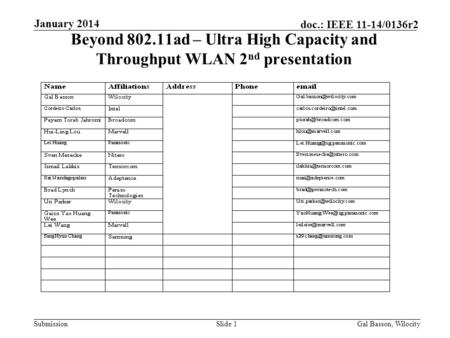 Submission doc.: IEEE 11-14/0136r2 January 2014 Gal Basson, WilocitySlide 1 Beyond 802.11ad – Ultra High Capacity and Throughput WLAN 2 nd presentation.