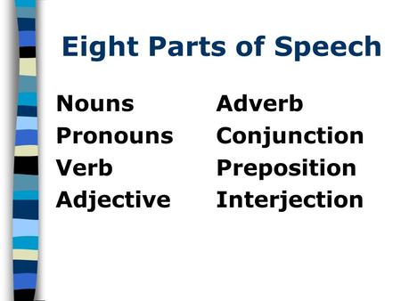 Eight Parts of Speech NounsAdverb PronounsConjunction VerbPreposition AdjectiveInterjection.