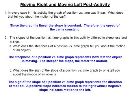 Moving Right and Moving Left Post-Activity 1.In every case in this activity the graph of position vs. time was linear. What does that tell you about the.