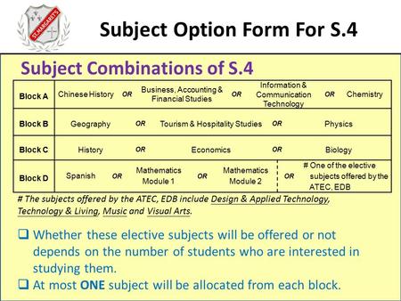 Subject Option Form For S.4 Subject Combinations of S.4 Block A Chinese History OR Business, Accounting & Financial Studies OR Information & Communication.