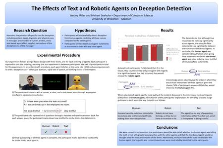 The Effects of Text and Robotic Agents on Deception Detection Wesley Miller and Michael Seaholm – Department of Computer Sciences University of Wisconsin.