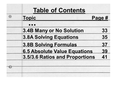 Table of Contents Topic Page #... 3.4B Many or No Solution33 3.8A Solving Equations35 3.8B Solving Formulas37 6.5 Absolute Value Equations39 3.5/3.6 Ratios.