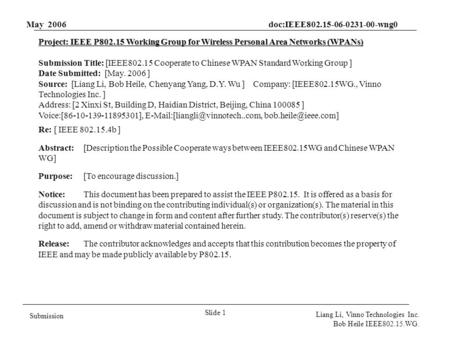 May 2006 doc:IEEE802.15-06-0231-00-wng0 Slide 1 Submission Liang Li, Vinno Technologies Inc. Bob Heile IEEE802.15.WG. Project: IEEE P802.15 Working Group.