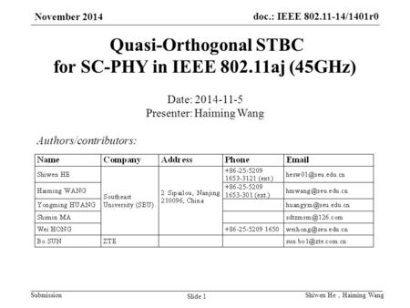 Doc.: IEEE 802.11-14/1401r0 Submission November 2014 Slide 1 Shiwen He ， Haiming Wang Quasi-Orthogonal STBC for SC-PHY in IEEE 802.11aj (45GHz) Authors/contributors:
