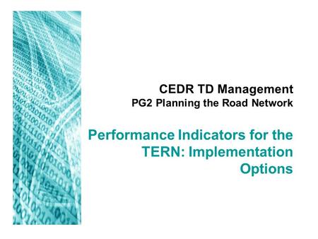 CEDR TD Management PG2 Planning the Road Network Performance Indicators for the TERN: Implementation Options.