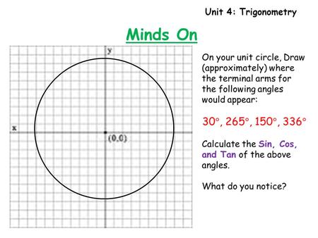 Unit 4: Trigonometry Minds On. Unit 4: Trigonometry Minds On AngleSinCosTan.