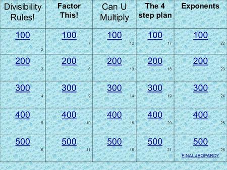 Divisibility Rules! Factor This! Can U Multiply The 4 step plan Exponents 100 2 100 7 100 12 100 17 100 22 200 3 200 8 200 13 200 18 200 23 300 4 300.