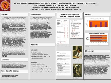 AN INNOVATIVE & INTEGRATED TESTING FORMAT COMBINING ANATOMY, PRIMARY CARE SKILLS, AND OMM IN A SIMULATED PATIENT ENCOUNTER Gail Dudley, DO, Francine Anderson,