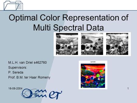 12 mhj/ 16-06-20041 Optimal Color Representation of Multi Spectral Data M.L.H. van Driel s462760 Supervisors: P. Sereda Prof. B.M. ter Haar Romeny.