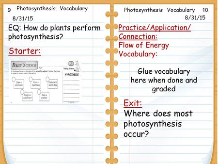 Photosynthesis Vocabulary Starter: 8/31/15 Exit: Where does most photosynthesis occur? Practice/Application/ Connection: Flow of Energy Vocabulary: Glue.