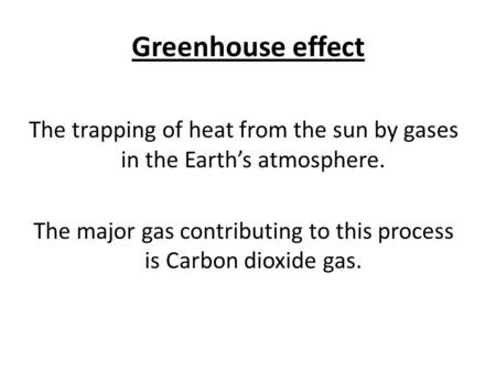 The trapping of heat from the sun by gases in the Earth’s atmosphere. The major gas contributing to this process is Carbon dioxide gas. Greenhouse effect.
